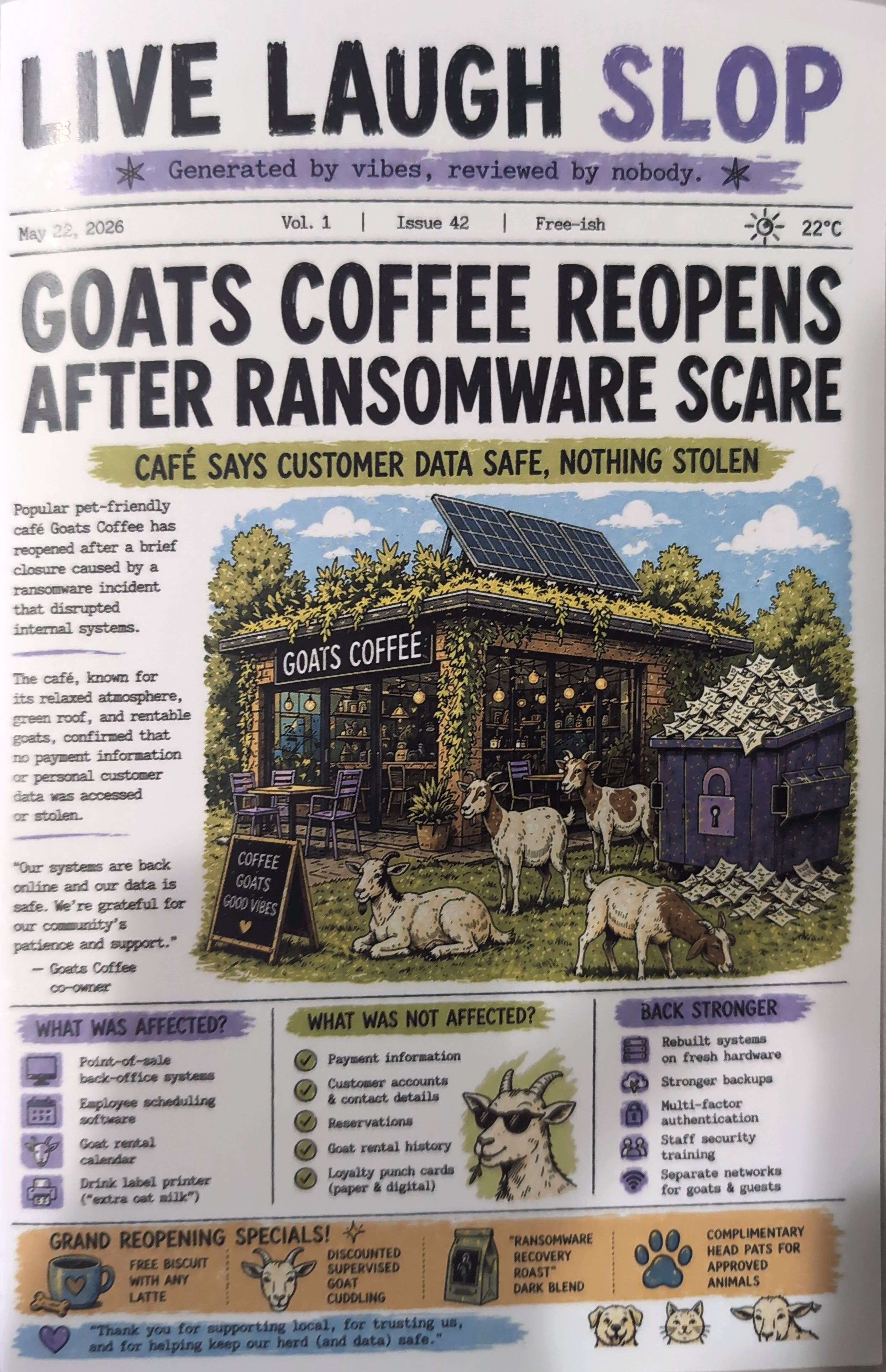 Front page talking about a goats coffee shop that got ransomwared