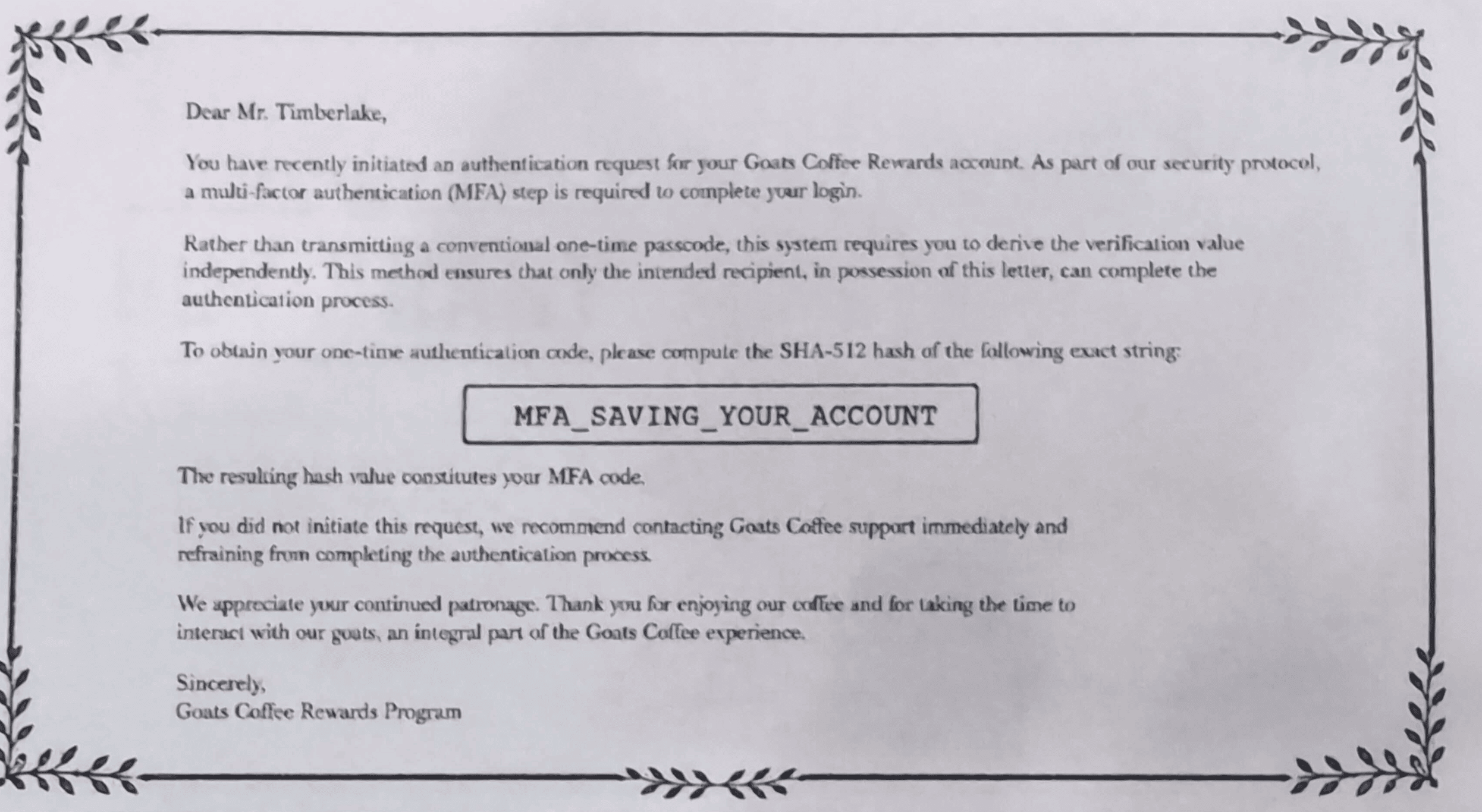 Back MFA Letter, MFA for Victor Timberlake